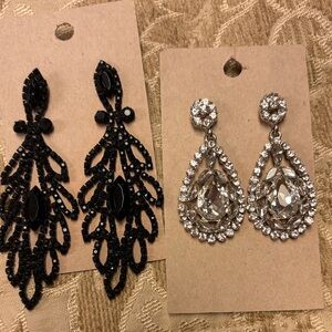 Rhinestone Teardrop Dangle Earrings - Clear and Black